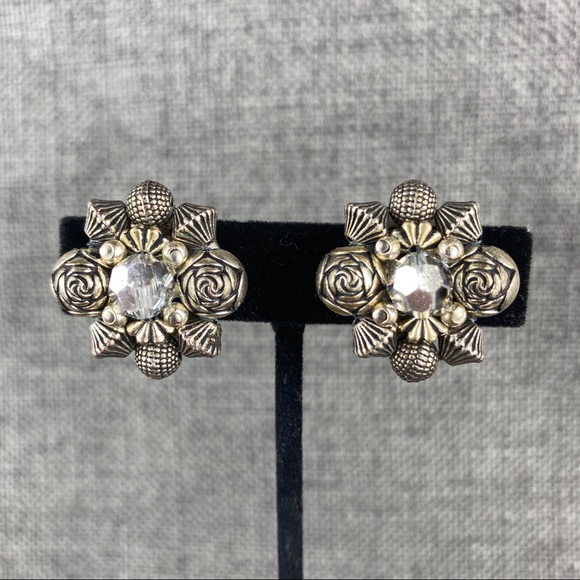 Vintage Silver Patterned Beads & Crystal Clip Ons - Picture 1 of 6